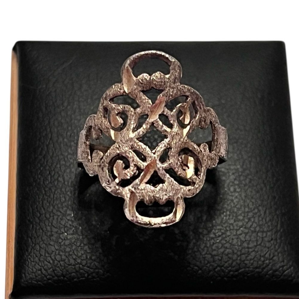 Antique Handmade 14K White Gold Filigree Diamond Cut Ring Size 6.25